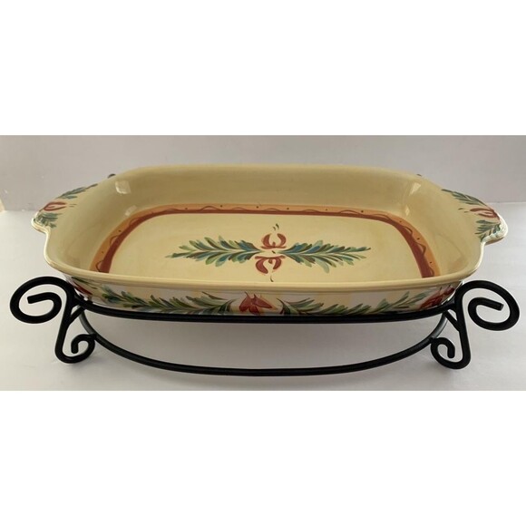 Gail Pittman Chelsea Hand Painted Stoneware Baking Dish  Iron Stand Floral Cream - Picture 1 of 6